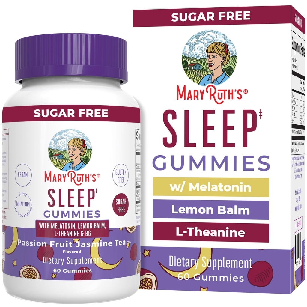 MaryRuth Organics Melatonin 5 mg Sleep Gummy with L-Theanine | Lemon Balm | Vitamin B6 | Sugar-Free | Relaxation | Vegan | Non-GMO | Gluten Free | 60 Count