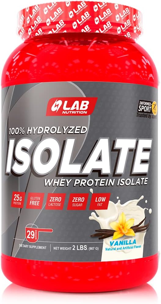 Lab Nutrition - Whey Protein Isolate 100% Hydrolyzed, 100% Whey Protein Powder, Lean Myster Building Powder Παρουσίαση, Γλουτένη και Ζάχαρη Χωρίς, 29 Μερίδες, 2 Lbs - Vainilla Γεύση