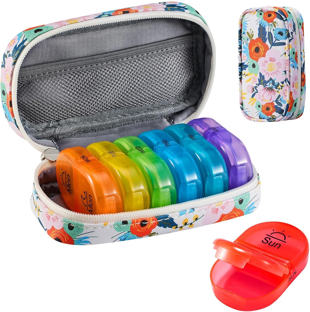 Serfeymi Weekly Travel Pill Organizer 2 Times A Day AM PM Yükseltd Rainbow Pill Box 7 Day with Portatif Ambalaj Deri Pill Case, Medicine Organizer for Pills, Vitamins, Fish Oils - Floral 03