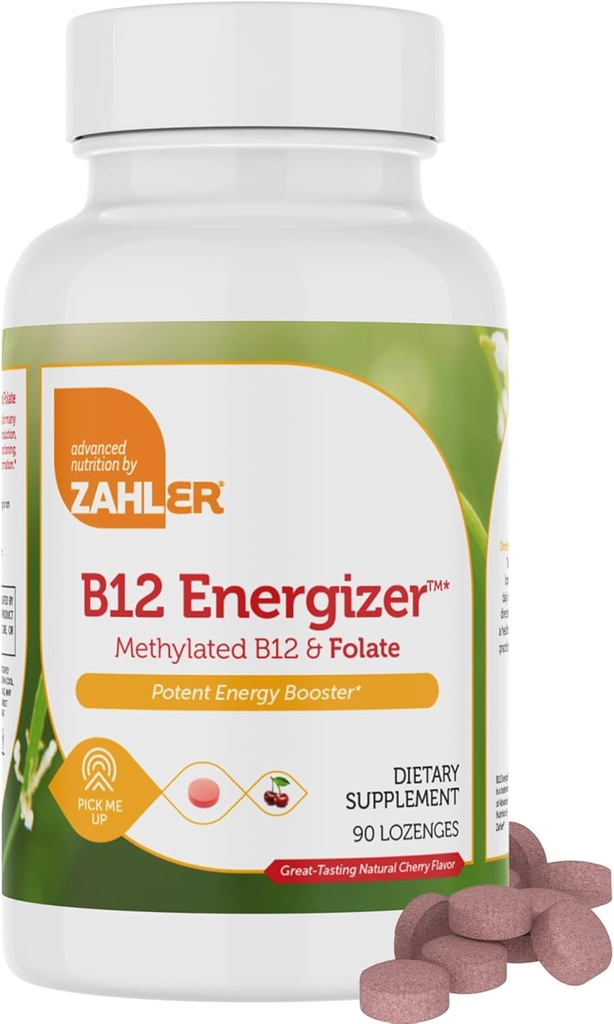 Zahler Energizer - Folate και B12 συμπλήρωμα - γρήγορη διάλυση Cherry Flavor Lozenges Διπλή βιταμίνη μεθυλιωμένο B12 & Folate συμπλήρωμα με 1360 mcg Φολικό οξύ + 1000 mcg Μεθυλο Βιταμίνη B12 (90 Count)