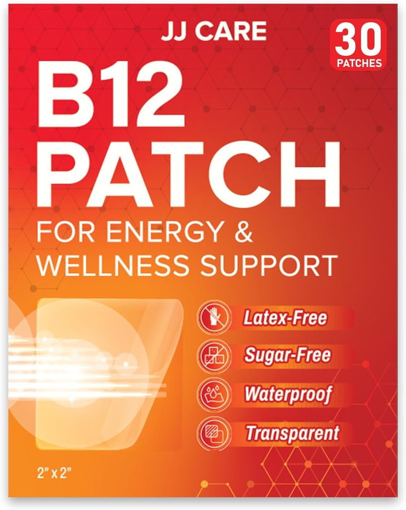 J CARE B12 Patch ( 30'un paketi), Self-Adhesive Natural Meeting Topical Daily B12 Energy Patches, 1 Ay Supply