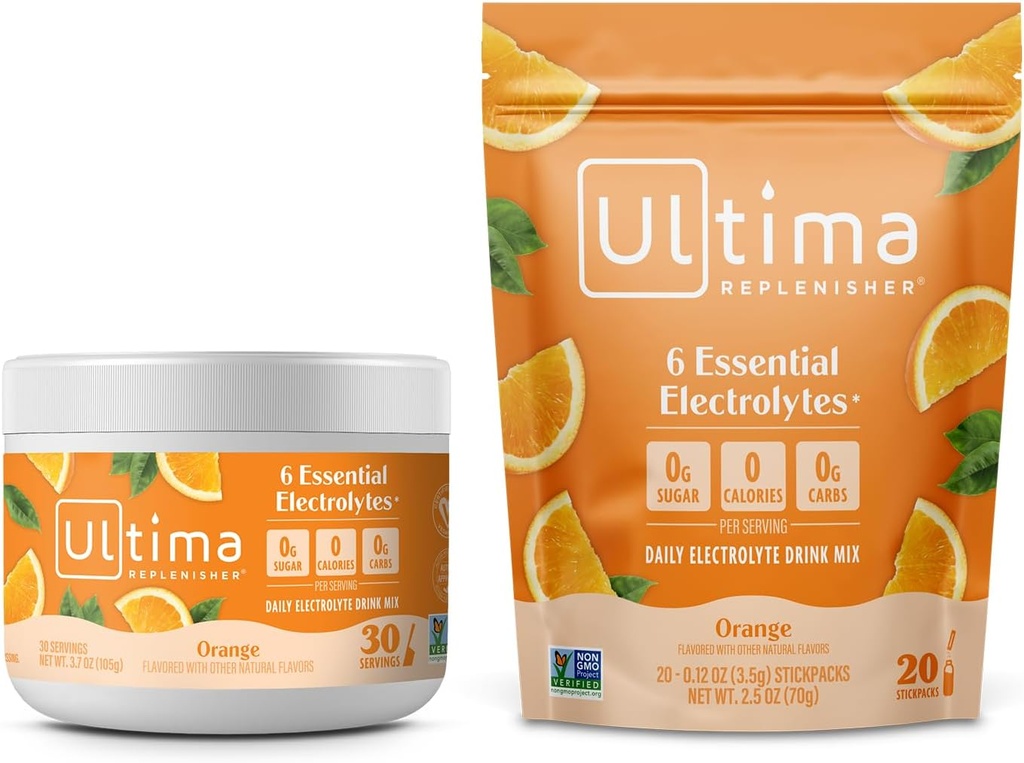 Ultima Replenisher Ηλεκτρολυτικό Ποτό σε σκόνη Mix Bundle – Χωρίς ζάχαρη – Πορτοκαλί, 30 Σερβιρίσματος Canister και 20 Stickpacks – 6 Ηλεκτρολύτες και Ορυκτά – Κετό Φιλικό, Vegan, Μη ΓΤΟ
