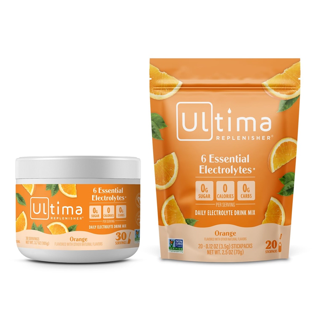 Ultima Replenisher Electrolyte Toz İçecek Mix Sche – Sugar Free – Orange, 30 Servis Canister ve 20 Stickpacks – 6 Electrolytes ve Minerals – Keto Friendly, Vegan, Non-GMOMO