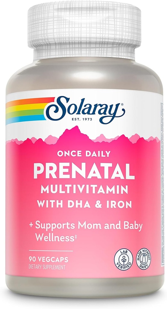SOLARAY DHA & Iron ile Günlük Prenatal Multivitamin, Prenatal Vitaminler ve Mineraller Bekleyen Anneler için, Easy Morning Herbal Mix & Whole Food Base, Lab TY, 90 Hizmet, 90 VegCaps