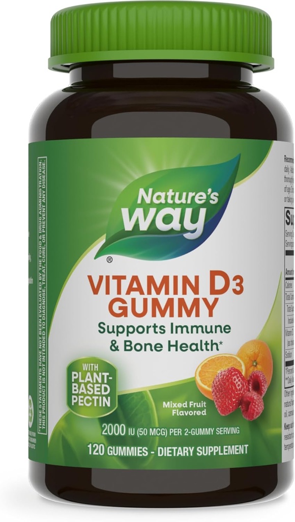 Nature's Way Vitamin D3 Gummies, Supports Immune and Bone Health*, 2000 IU (50 mcg) in 2gummy Service, D3 2000IU per 2 Gummies, Karma Meyve Flavored, 120 Count