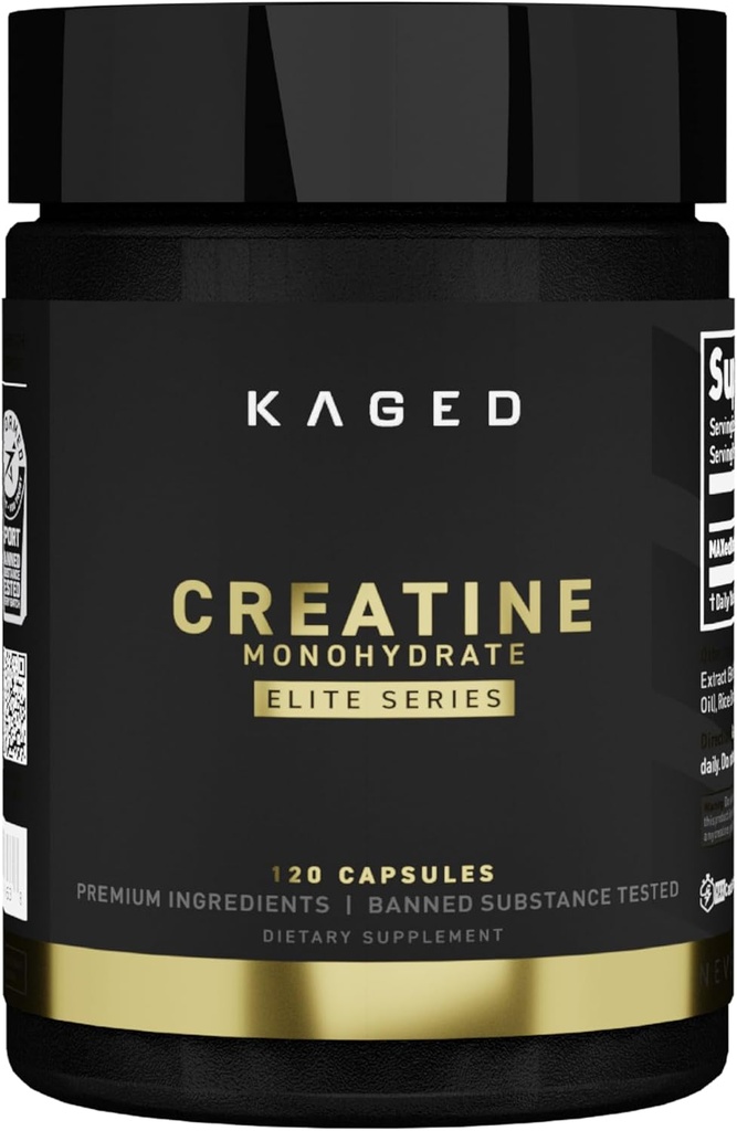 Kaged CREATINE MONOHYDRATE Elite Capsules Unflavored Muscle Recovery and Growth Supplement for Men & Women, Vegan, Easy Digestible, Gluten Free, No Sugar add