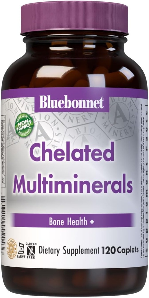 Bluebonnet Beslenme Yüksek Potency Chelated Multiminerals, Albion Chelated Minerals, Soy-Free, Gluten-Free, Non-GMO, Kosher sertifikalı, Süt-Free, 120 Caplets, 40 Hizmet