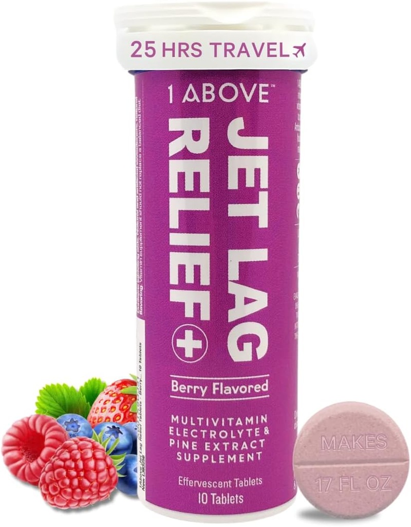 1Above Jet Lag Relief Tabletleri - Berry-Flavored Effervescent Multivitamin with Pisacnogenol Travel Supplement for Hydration, Energy, Immune Support and Faster Recovery - Flight Essential, 10 Tablet