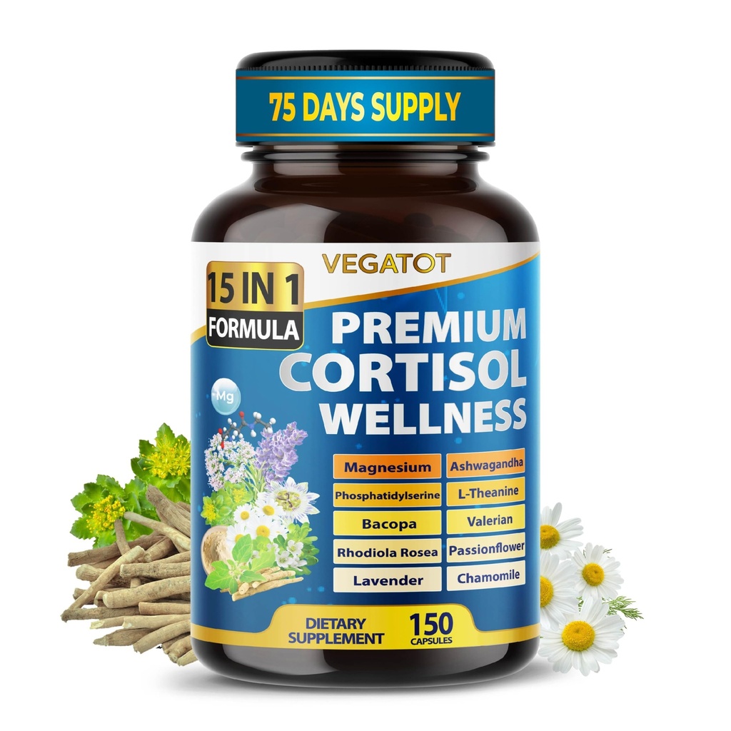 VEGATOT Organic Cortisol Wellness Complex 15-σε-1 Formula με Μαγνήσιο Ashwagandha St. John's Wort Valerian Rhodiola Rosea Passionflower Χαμομήλι