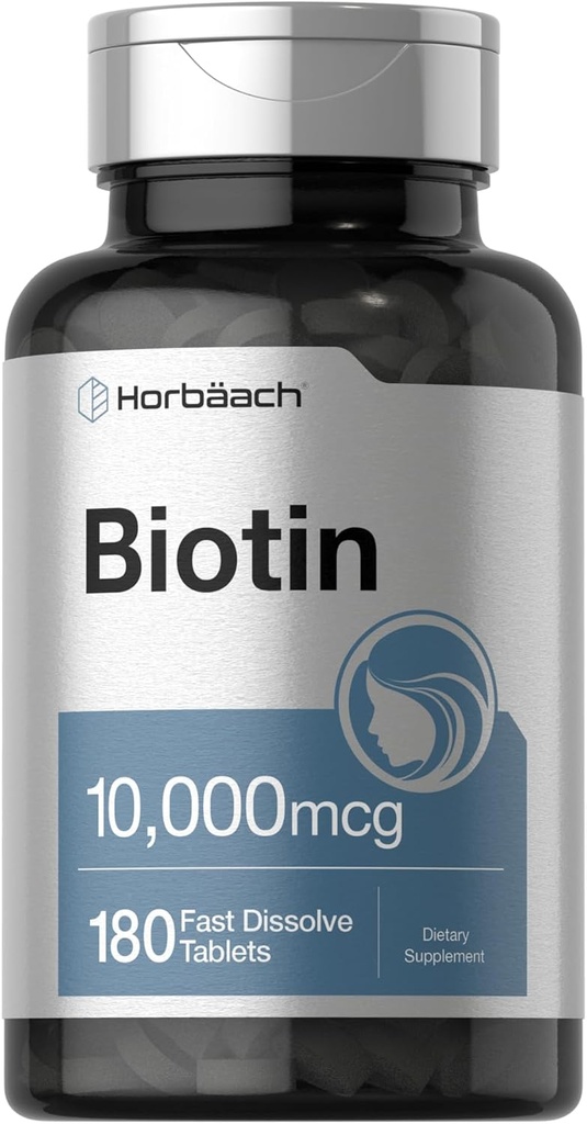 Horbäach Biotin 10000mcg | 180 Fast Dissolve Tablets | for Women & Men | Beauty Supplement | Vegetarian, Non-GMO, Gluten Free