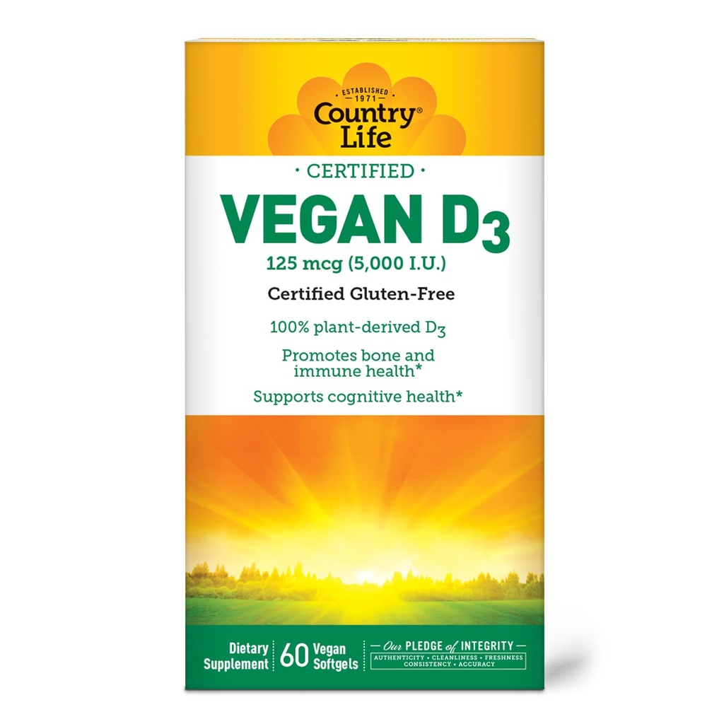 Country Life Vegan D3 5000 IU – Plant-Derived Vitamin D3 From Lichen – Yüksek Potency Immune & Bone Support – sertifikalı Vegan, Gluten-Free, Non-GMO – 60 Softgels