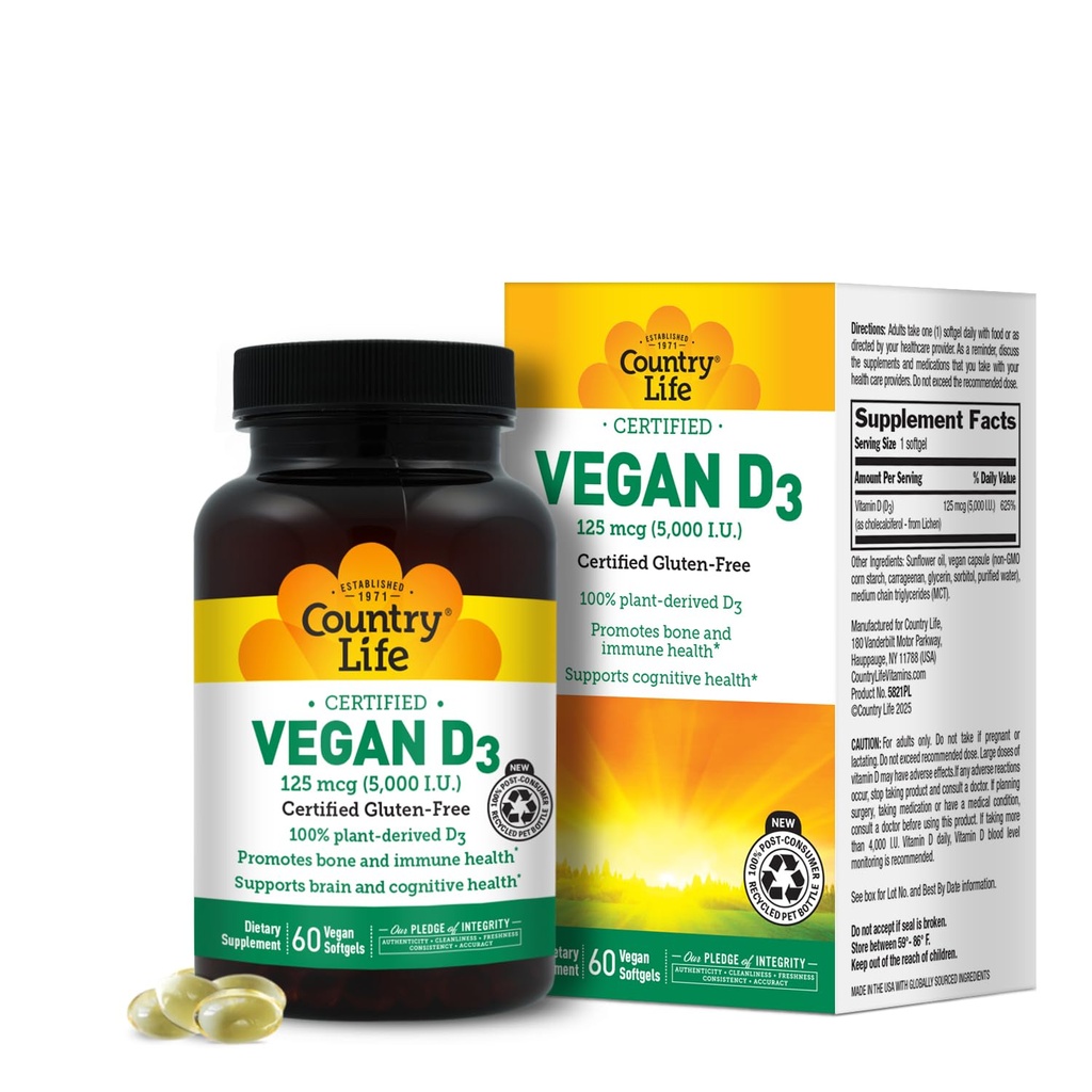 Country Life Vegan D3 5000 IU – Plant-Derived Vitamin D3 From Lichen – Yüksek Potency Immune & Bone Support – sertifikalı Vegan, Gluten-Free, Non-GMO – 60 Softgels