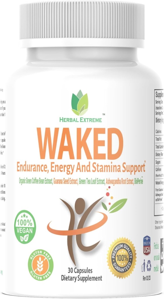 Waked Endurance, Energy And Stamina Support 30 Capsules Organic Green Coffee Bean Extract, Guarana Tohum alıntı, Green Tea Leaf Extract, Ashwagandha Root, and Black Pepper Extract as BioPerine