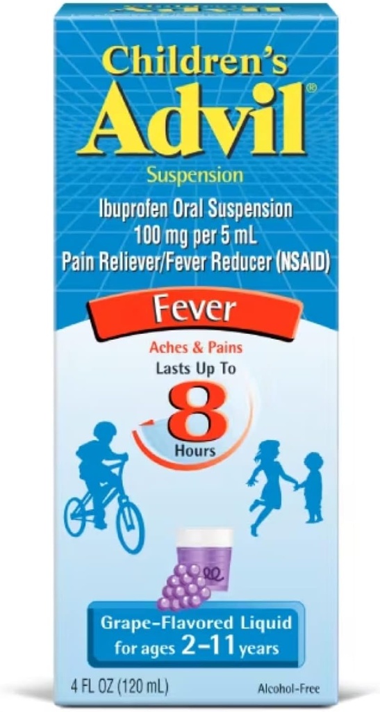 Çocuk Advil Suspension Ibuprofen 100 mg Hızlı Ağrı Reliever ve Ateş Tespiti Son 2 ila 11 Yıl boyunca Grape Flavor Liquid - 3 Pack of 4 FL Oz Şişes