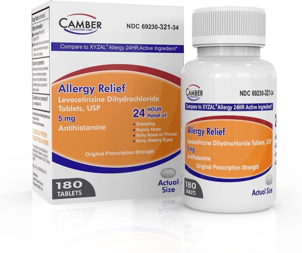 Camber Consumer Care Λεβοκετιριζίνη Διϋδροχλωρική 5mg Αντιισταμινικά δισκία, Αλλεργία Ιατρική ανακούφιση (180 κόμης)