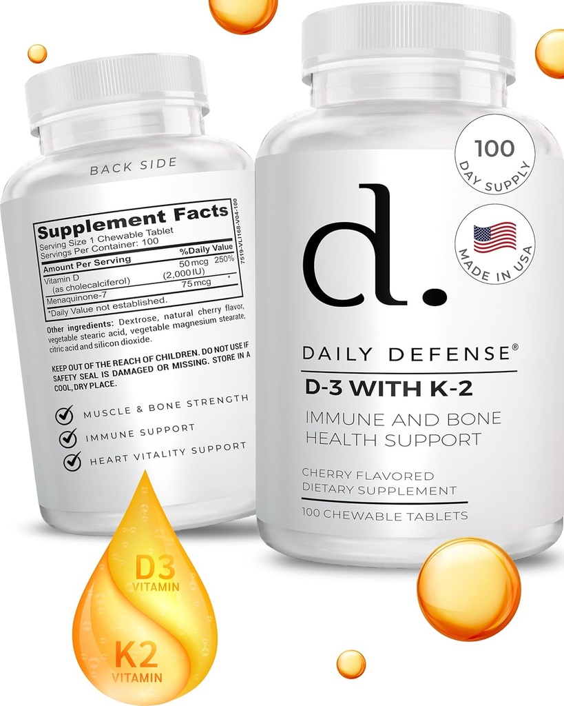 Immune Defense Supplements D3 K2 2000IU for Heart Health, Daily Immune Support, mental Clarity, & Muscle Function - 100 Chewable Tabletler