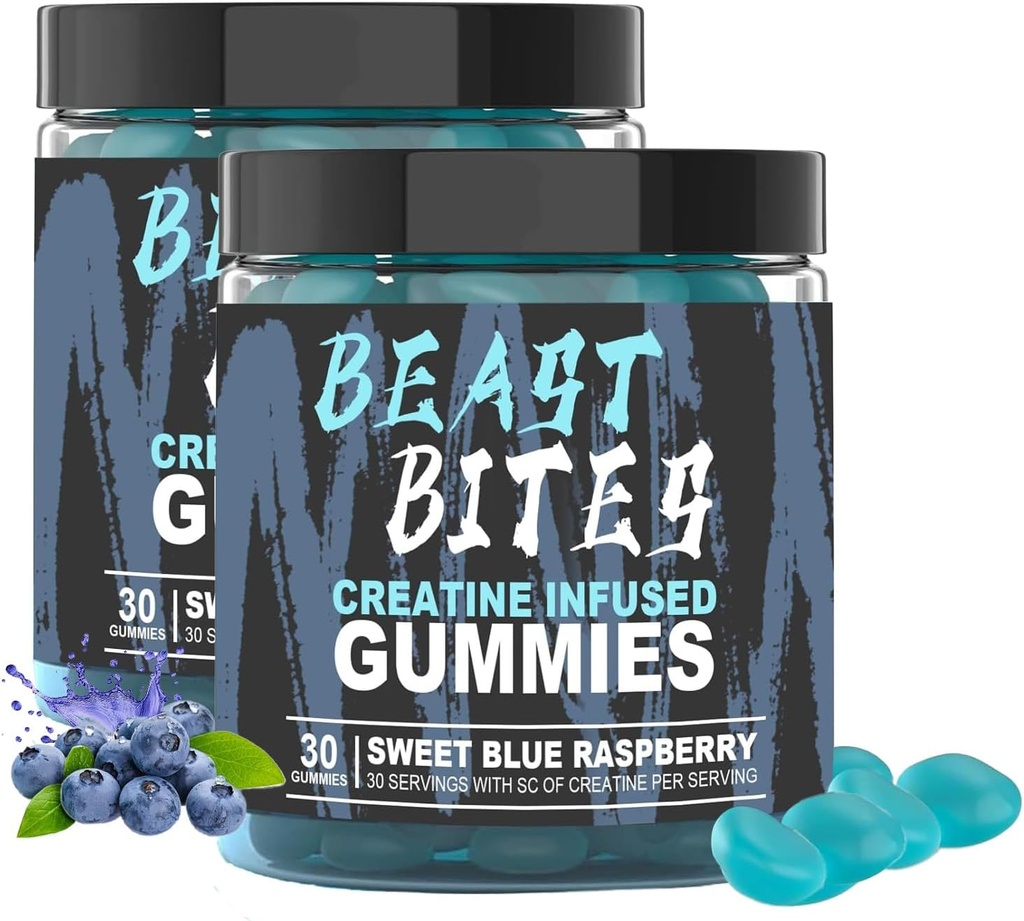 DYALE Beast Bites Creatine Bites - 5g Creatine Monohydrate Per Serving - Χωρίς ζάχαρη ή τεχνητά χρώματα - χαμηλής ποιότητας, Vegan & Haalal - Blue Raspberry Flavor - 30 Gummies (2pcs)