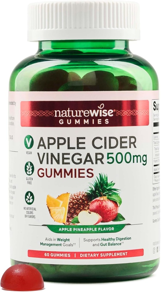 NatureWise Apple Cider Vinegar Gummies - 2 + Vitamin B12 - Pectinive Vegan, Gluten-Free, Non-GMO - 60 Count[30-Day Supply for 1000 mg or 2Month Supply for 500 mg]