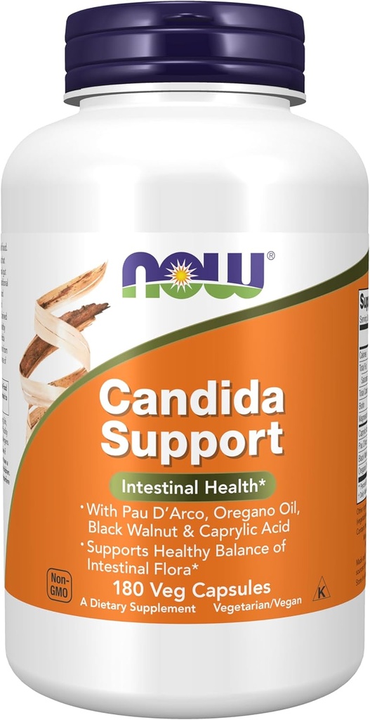 NOW Συμπληρώματα, υποστήριξη Candida με Pau D'Arco, Oregano Oil, Black Walnut & Caprylic Acid, 180 κάψουλες Veg