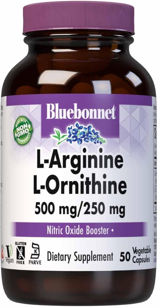 Bluebonnet Διατροφή L-αργινίνη 500mg/L-Ορινιθίνη 250mg, Υποστηρίζει τον μεταβολισμό πρωτεϊνών *, χωρίς σόγια, χωρίς γλουτένη, μη GMO, Kosher Πιστοποιημένο, Vegan, 50 κάψουλες λαχανικών, 50 εξυπηρετούν