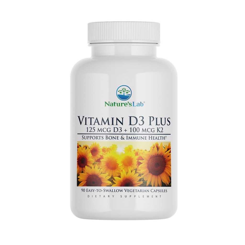 Nature's Lab Vitamin D3 Plus - Περιέχει Βιταμίνες D3 και K2 (MK7) για Ανοσολογική Υποστήριξη, Υγιή Οστά και Καρδιαγγειακή Υγεία* - Χωρίς Γλουτένη, Μη ΓΤΟ - 90 Κάψουλες (3 Μήνες Προσφορά)