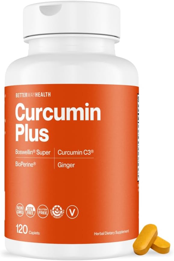 Better Way HealthTM Curcumin Plus – Turmeric Curcumin C3® Kompleksi Boswellin®, BioPerine® ve Ginger – Ortak Destek & Inflammation Relief Supplement – 120 Caplets