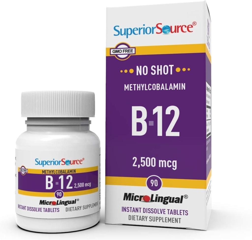 Üstün Kaynak No Shot Vitamin B12 Torchcobalamin 2500 mcg, Quick Dissolve MicroLingual Tablets, 90 Count, Active Form of B12, Supports Energy Production, Nervous System Support, Non-GMO
