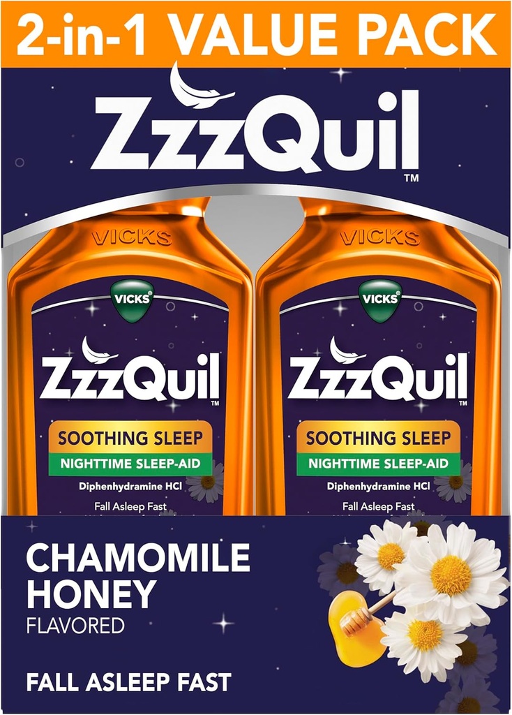 ZzzQuil Liquid Sleep Aid, Soothing Sleep, Diphenhydramine 50 mg HCl, Chamomile Honey Flavored, Nighttime Sleep Aid Liquid, Sleep Aids for Yetişkinler, 2 Pack, 24 FL OZ