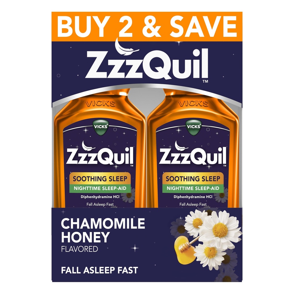 ZzzQuil Liquid Sleep Aid, Soothing Sleep, Diphenhydramine 50 mg HCl, Chamomile Honey Flavored, Nighttime Sleep Aid Liquid, Sleep Aids for Yetişkinler, 2 Pack, 24 FL OZ