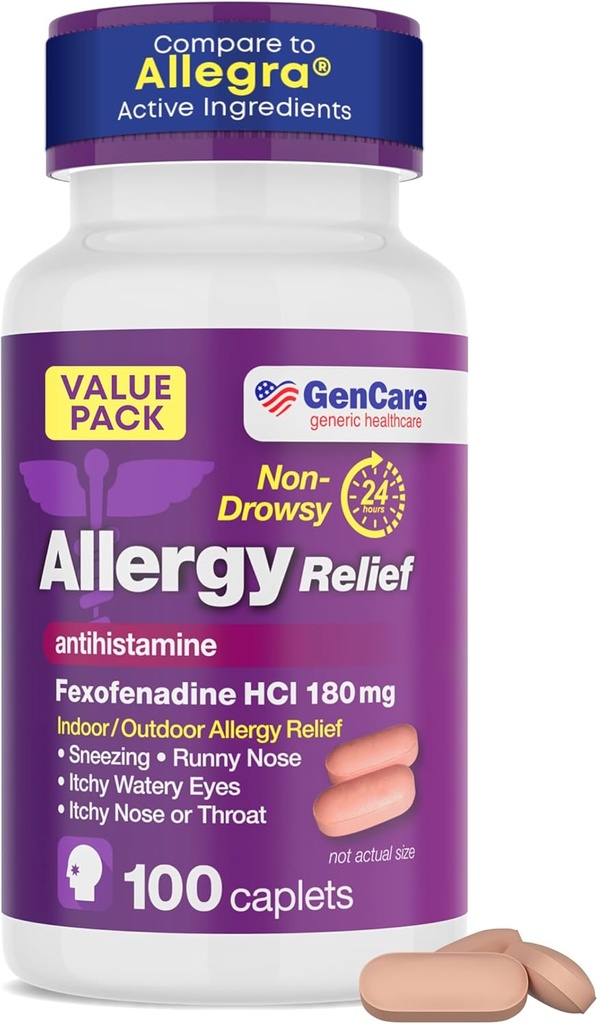 GenCare Antivirüs Relief Pills - Fexofenadine 180mg 24 Saat Non-Drowsy Antihistamine, Allegra 24 Saat In Drowsy Pills for Itchy Eyes, Runny Nose, Hives (100 Count)