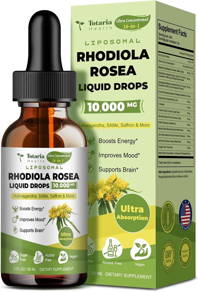 Totaria Liposomal Rhodiola Rosea Tincture 16, w/Ashwagandha, L-Theanine, Saffron, Ultra Strength Cortisol Supplement with Rhodiola Rosea, Magnezyum