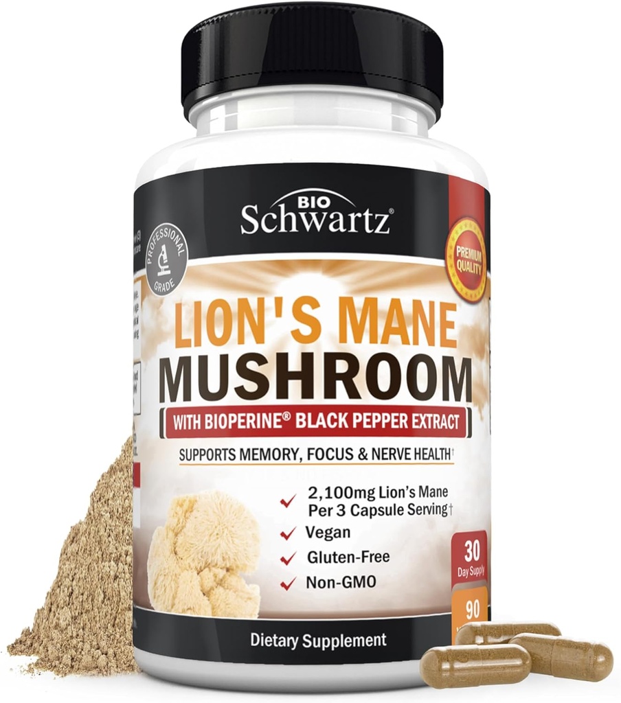 BioSchwartz Organik Lions Mane Supplement Capsules (90 Kont) 2100 mg Lions Mane Mushrooms with BioPerine for Max Abpole, Activenic TY, Nootropic Brain Supplements for Memory and Focus