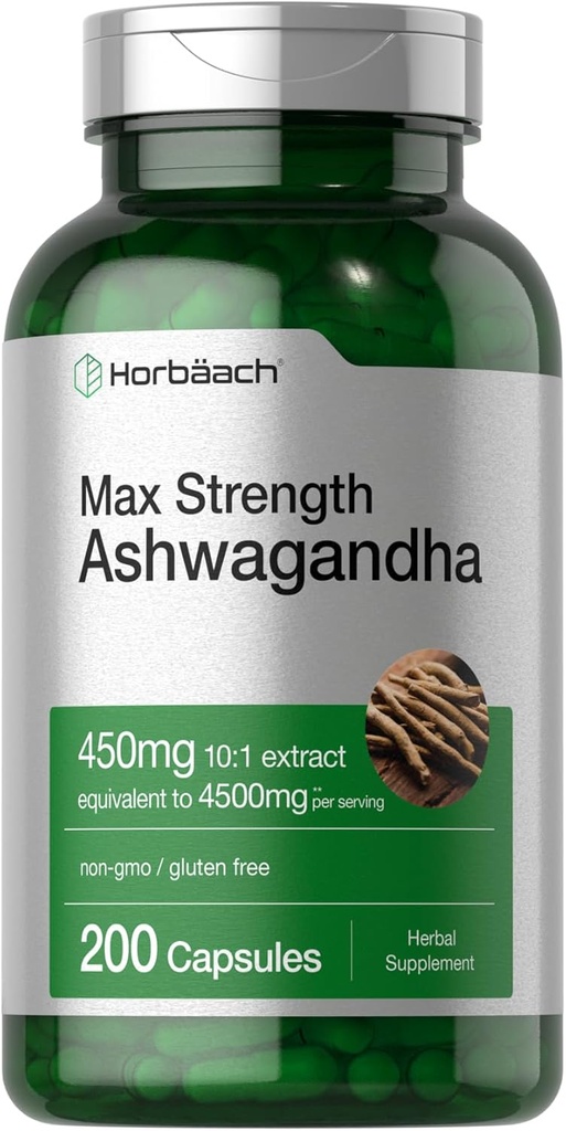 Horbäach Ashwagandha Supplement | Max Strength | 200 Capsules | for Women and Men | Non-GMO, Gluten Free