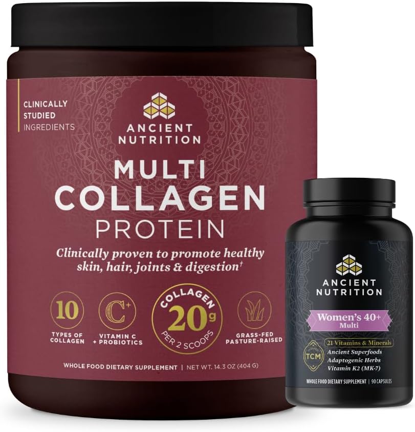 Ancient Nutrition Women's Multivitamin 40+ Once Daily, 30 Count + Multi Collagen Protein Powder, Unflavored, 40 Servings