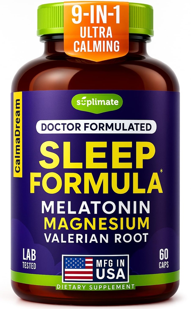 9-in-1 Melatonin Sleep Aid for Yetişkinler - ABD Made, Lab Melatonin 5 mg ve 108 mg Uyku için Magnezyum - TRAACS, Ashwagandha, Valerian Root, GABA, 5HTP, Herbal Sleep Supplement, Vegan, 60 Caps