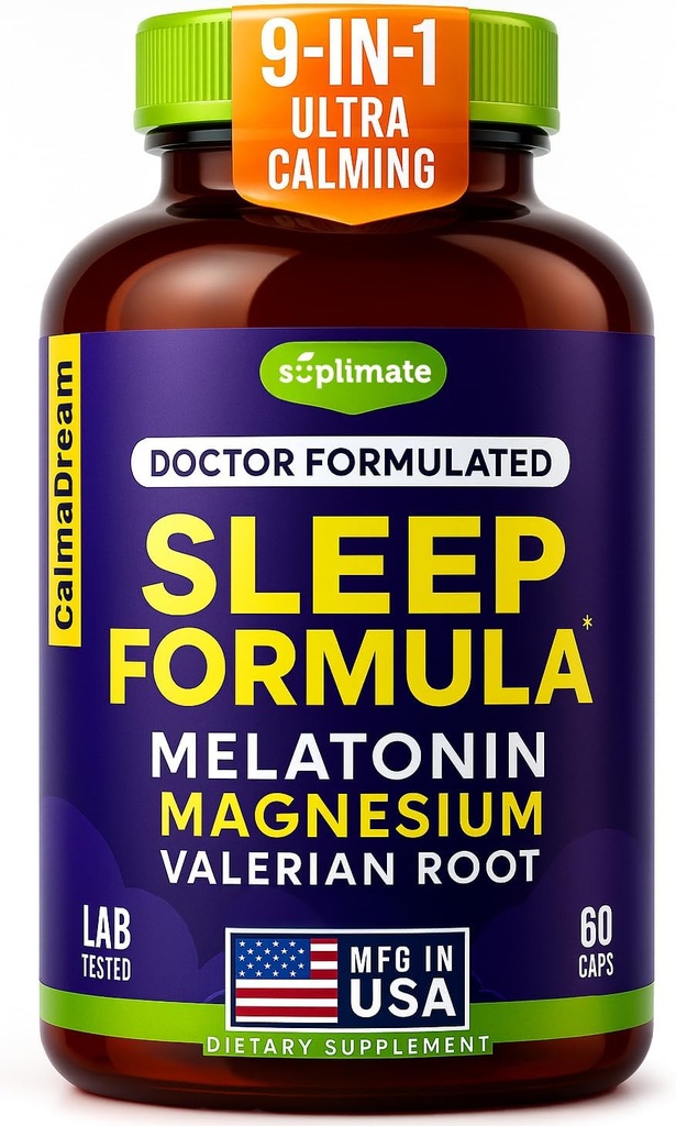9-in-1 Melatonin Sleep Aid for Yetişkinler - ABD Made, Lab Melatonin 5 mg ve 108 mg Uyku için Magnezyum - TRAACS, Ashwagandha, Valerian Root, GABA, 5HTP, Herbal Sleep Supplement, Vegan, 60 Caps