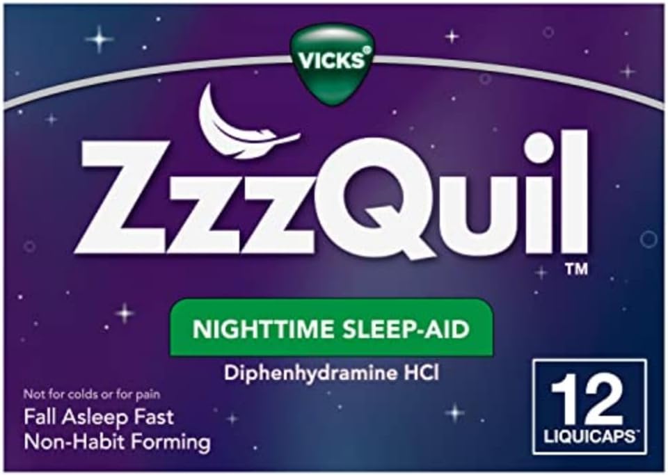ZzzQuil, Nighttime Sleep Aid LiquiCaps, 25 mg Diphenhydramine HCl, No.1 Sleep-Aid Brand, Non-Habit Form, Fall Asleep Fast, 12 Count
