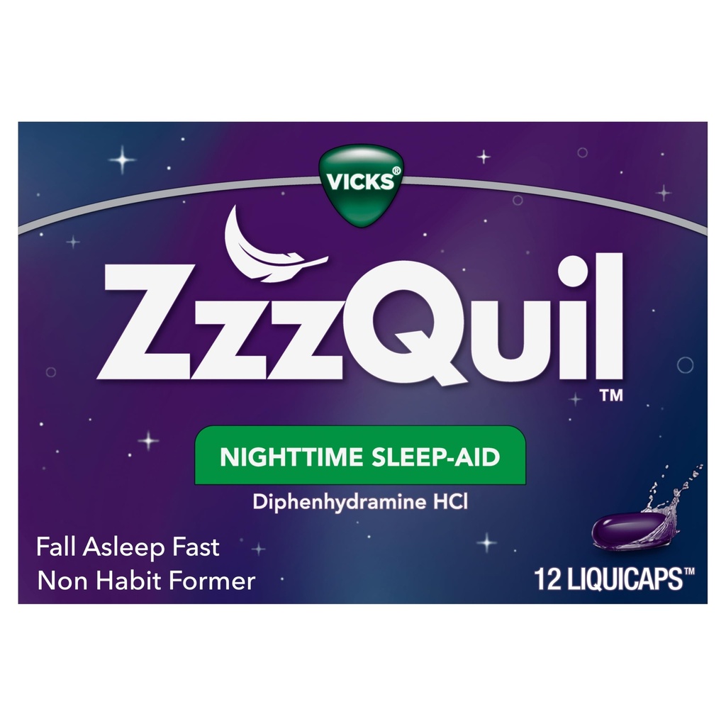 ZzzQuil, Nighttime Sleep Aid LiquiCaps, 25 mg Diphenhydramine HCl, No.1 Sleep-Aid Brand, Non-Habit Form, Fall Asleep Fast, 12 Count