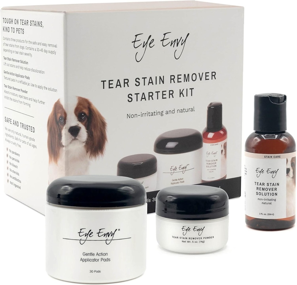 Eye Envy Dog Dear Remover Starter Kit. 100% Φυσικό, Ασφαλές. Περιέχει: Stain Solution, Applicator Pads, και Stain Powder. Κατασκευασμένο στις ΗΠΑ