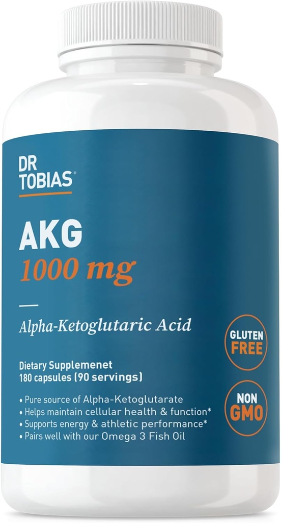 Dr. Tobias AKG Supplement 1000 mg Per Service, Bio available Alpha Ketoglutaric Acid, Supports Cellular Energy & Nitrik Hoffman, Vegan, Gluten-Free, Non-GMO, 180 Capsules, 90 Servisler