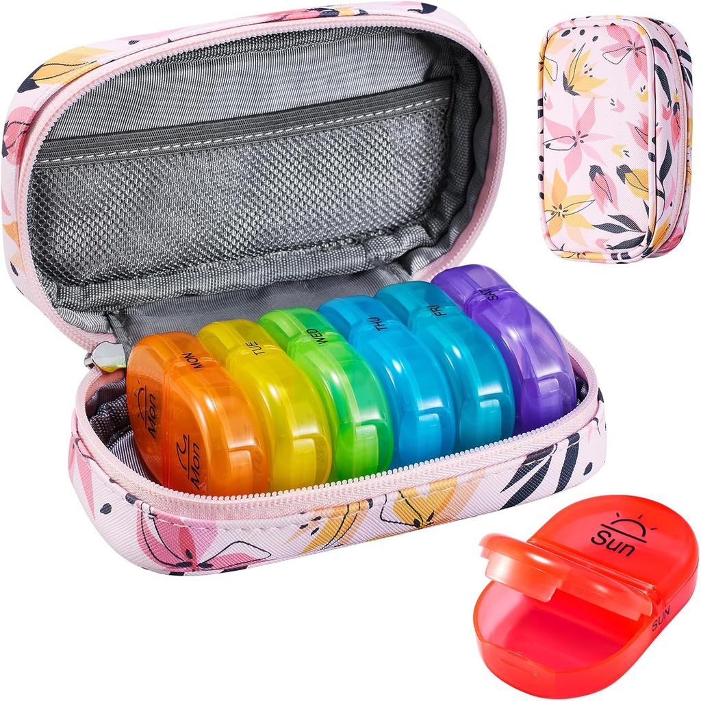 Serfeymi Weekly Travel Pill Organizer 2 Times A Day AM PM Yükseltd Rainbow Pill Box 7 Day with Portatif Ambalaj Deri Pill Case, Medicine Organizer for Pills, Vitamins, Fish Oils - Pink 03