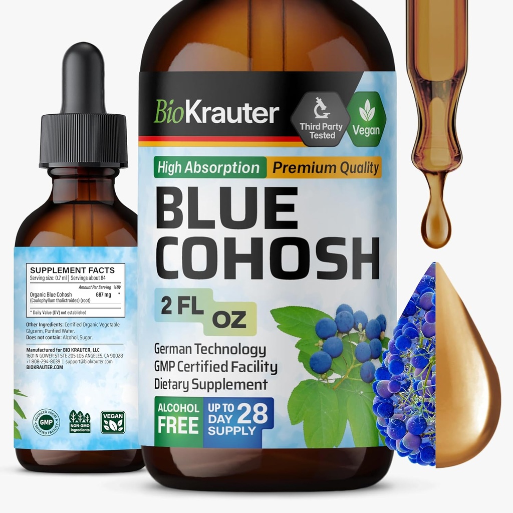BIO KRAUTER® Menopause Supplements for Women* - Blue Cohosh Tincture 2 Fl.Oz 28 Günlük Supply - Vegan Blue Cohosh Menopause Support - Alkol & Sugar Free - Relaxation & Women's Wellness