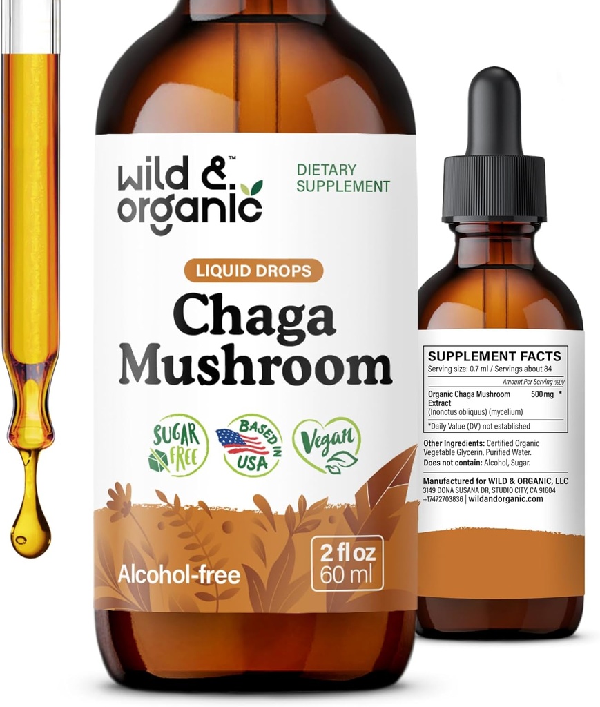 Wild & Organic Chaga Mushroom Tincture - Chaga Mushroom Extract Liquid ile Immunity Drops Supplement - Vegan, Sugar & Alkol Özgür - 2 fl oz