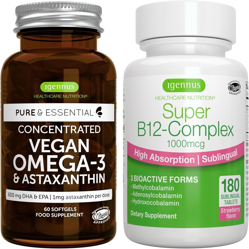 Vegan Omega-3 + Super B12-Complex 1000 Live Vegan Sche, Sustainable EPA & DHA Algae Oil 1340 mg + High Abxia Sublingual Vitamin B12 With Metilcobalamin, Adenosylcobalamin & Hydroxocobalamin, by I