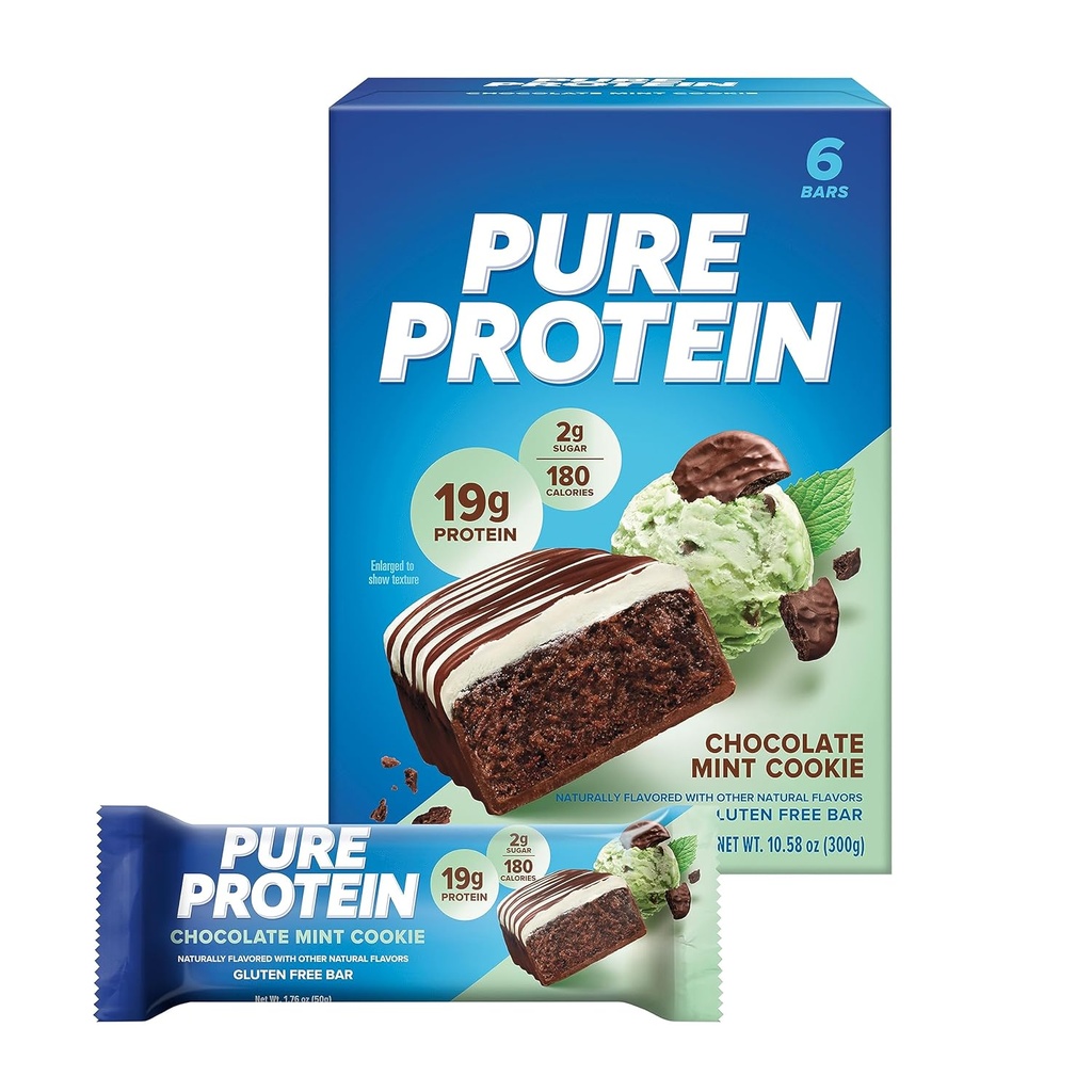 Pure Protein Bars, Yüksek Protein, Nutritious Snacks to Support Energy, Low Sugar, Gluten-free, Chocolate Mint Cookie,1.76oz, 6 Pack