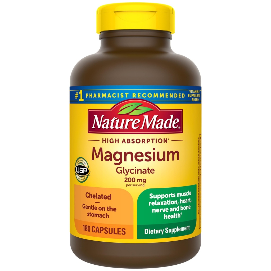 Nature Made Magnesium Glycinate 200 mg per serving, Magnesium Supplement for Muscle, Heart, Nerve and Bone Support, 180 Magnesium Bisglycinate Capsules, 90 Day Supply