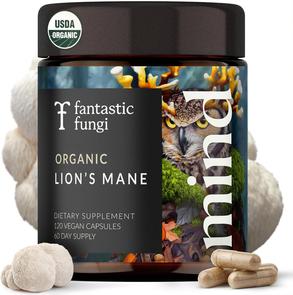 Lions Mane Συμπληρώματα κάψουλες, Mane Mushroom συμπλήρωμα για τη μνήμη, Focus & Mood υποστήριξη, Adaptogen Λειτουργικό Mushrooms Extract - 100% USDA Organic, Vegan- Γυάλινο Βαζάκι, 120 Caps, 2 Μήνες προσφοράς