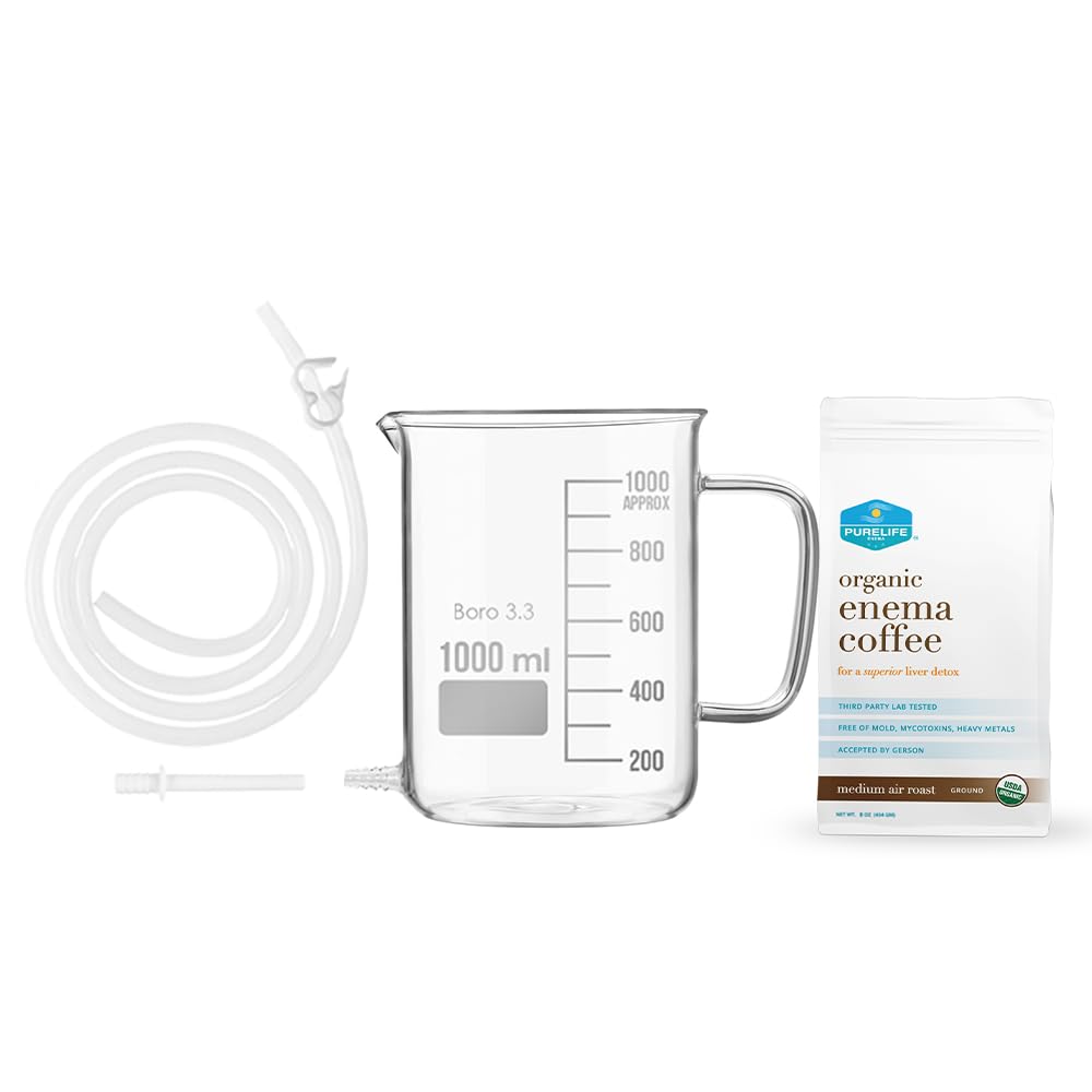 Purelife Kinema Coffee Kit - 1 Qt μη τοξικό γυαλί Kenema Bucket - για τον καθαρισμό του παχέος εντέρου - Home Knemas - Liver Detox για θεραπεία Gerson - 1/2 Lb Organic Kinema Coffee - Lab Tested