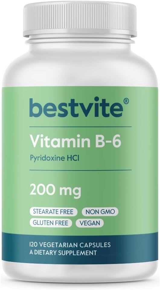 BESTVITE Vitamin B-6 200 mg (120 Vejetaryen Capsules) - No Stearates - No Flow Agents - Vegan - Non GMO - Gluten Free