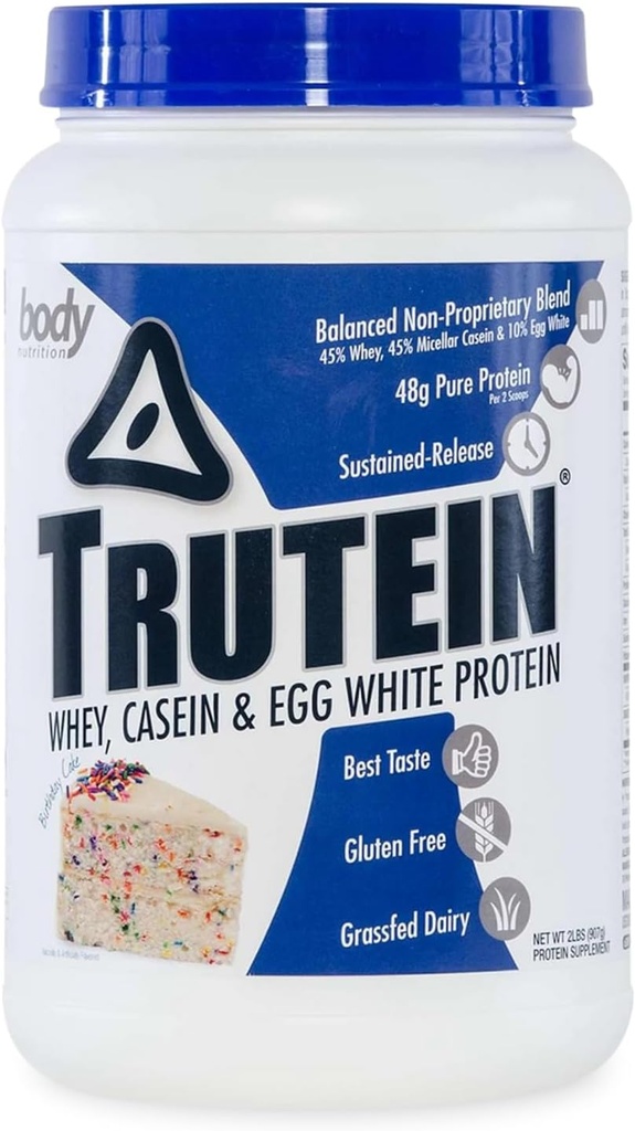 Vücut Beslenme Trutein Yüksek Protein Tozu:% 45 Whey,% 45 Casein,% 10 Egg White protein Shake Mix, Gluten-Free, Low sodyum, Low Carb Protein Supplement Toz for Men & Women, Birthday Kek, 2lb